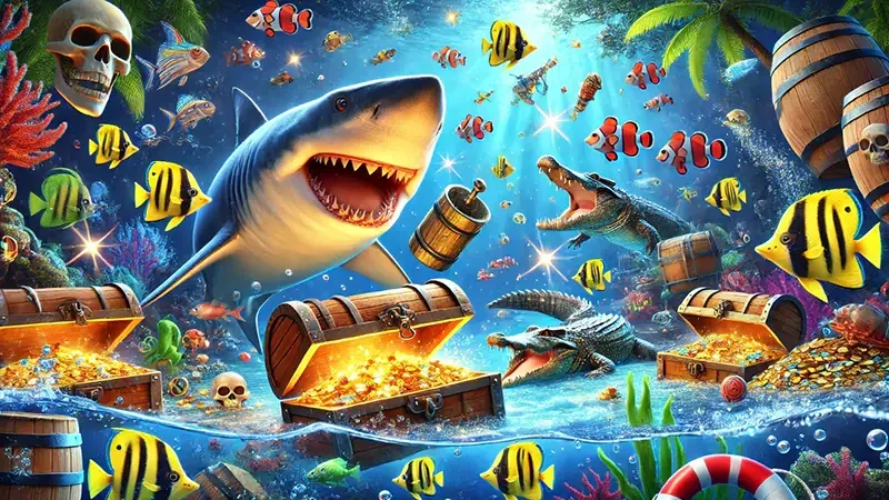 Target ikan berwarna-warni dan meriam pada permainan arcade bawah laut